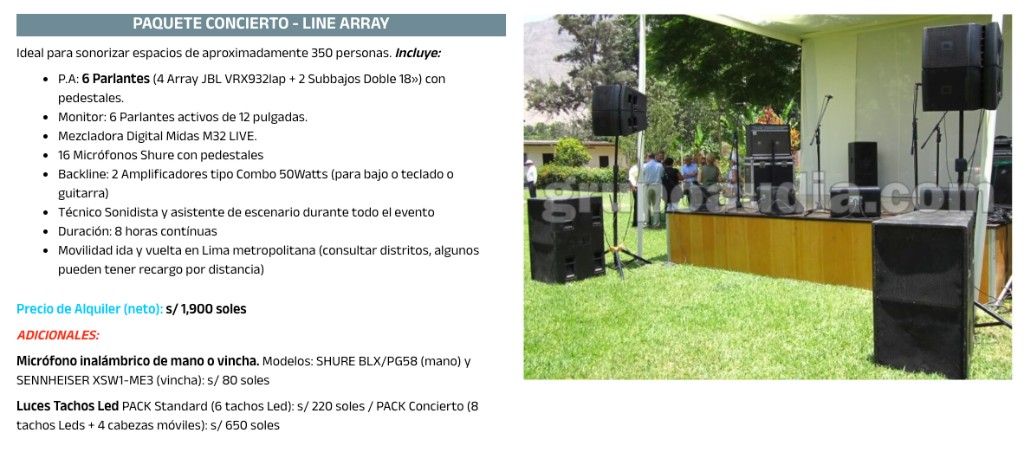 Escenario outdoor con line array JBL, subwoofers, monitores y equipo de sonido en jardín.